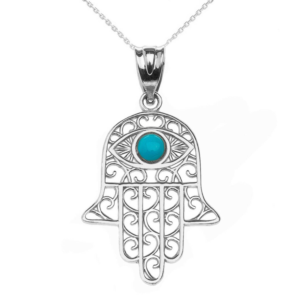 Silver Hamsa Hand Turquoise Evil Eye Pendant 46$